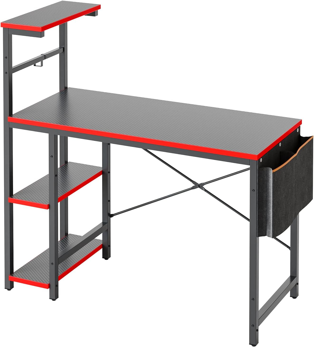 Gaming Desk with LED Lights, 44 Inch PC Gamer Desk for Small Spaces, Computer Desk with Reversible Storage Shelves & Side Storage Bag (Black 3D Carbon Fiber)