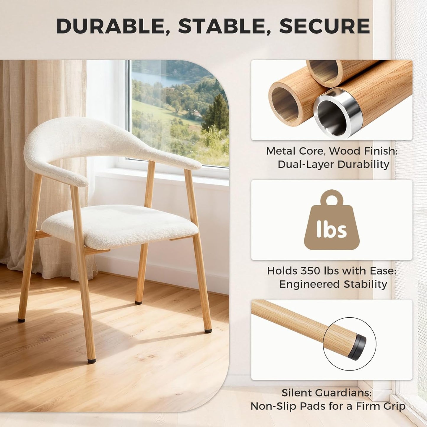 Dining Chairs Set of 2, Linen Fabric Upholstered Kitchen Side Chairs with Curved Backrest & Metal Legs, Modern Farmhouse Accent Chairs for Dining Room Kitchen Living Room Cafe, Beige