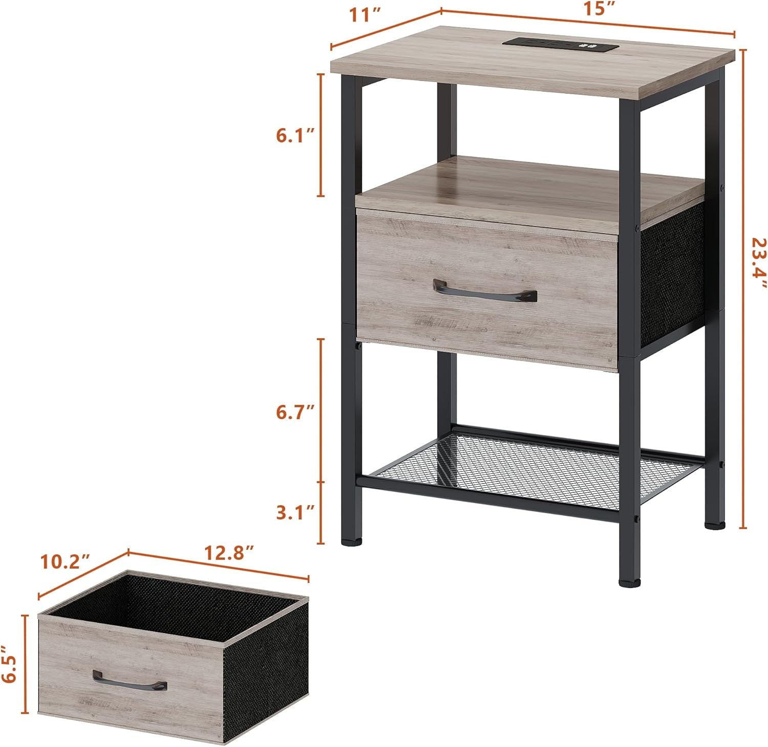 Night Stand Set 2, End Table with Charging Station, LED Bedside Table with Fabric Drawer for Bedroom, 3-Tier Side Table with Open Shelf, Greige