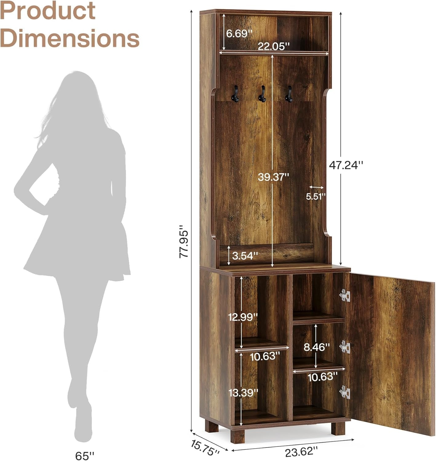 3-In-1 Entryway Hall Tree with Storage, Farmhouse Hall Tree with Coat Rack, Top Storage and Shoe Cabinet for Entryway, Hallway, Bedroom, Rustic Brown