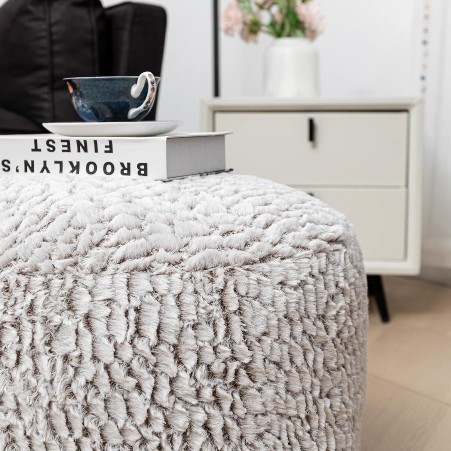 Pouf Ottoman Unstuffed Ottoman Foot Rest No Filler Soft Fur Foot Stool 20X20X12 Inches Fuzzy Chair Floor Pouf Chair with Storage for Living Room Bedroom Snow Coffee
