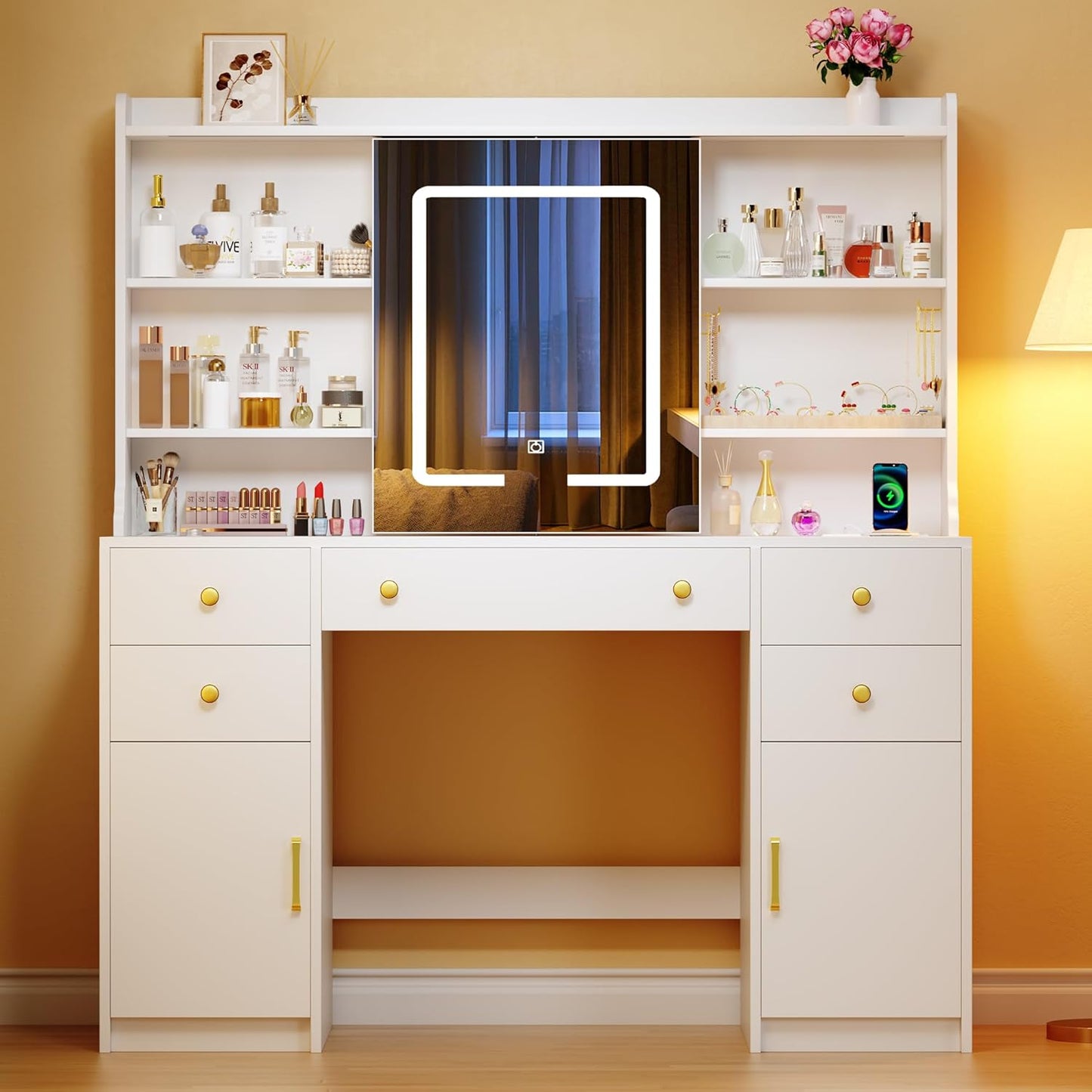 Vanity Desk with LED Lights & Sliding Mirror, Makeup Vanity with Lights, Power Outlet, White Vanity Desk with 5 Drawers & 2 Cabinets, 6 Storage Shelves for Bedroom