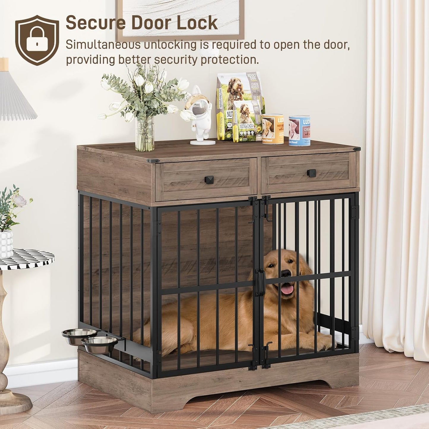 Dog Crate Furniture, 35 Inch Dog Kennel Indoor Furniture with Storage Drawers Rustic Pet Cage End Table with 2 Adjustable Bowls for Small/Medium/Large Dogs