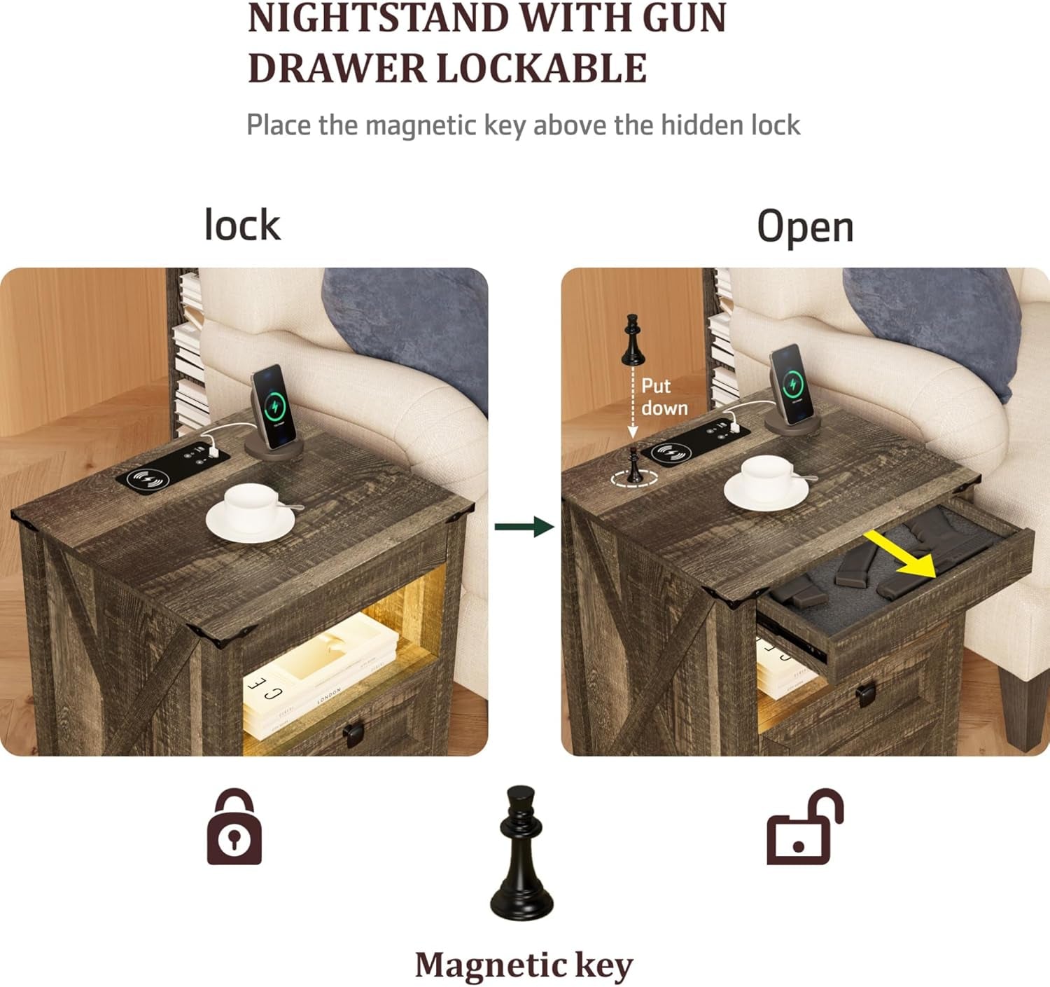 Nightstands Set of 2 with Gun Drawer, Farmhouse Bedside Table with Charging Station, Gun Night Stand with LED Light & Human Sensor, Smart End Table for Bedroom, Rustic Brown