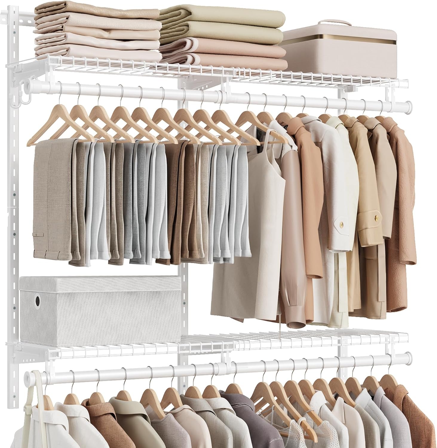 HOME Closet System, Closet Insert Organizer, 4-6 Ft, Adjustable Metal Shelving Unit with 4 Hanging Rods, 4 Shelves, and Hooks, for Pantry Mudroom Garage Basement, Cloud White URGR031W01