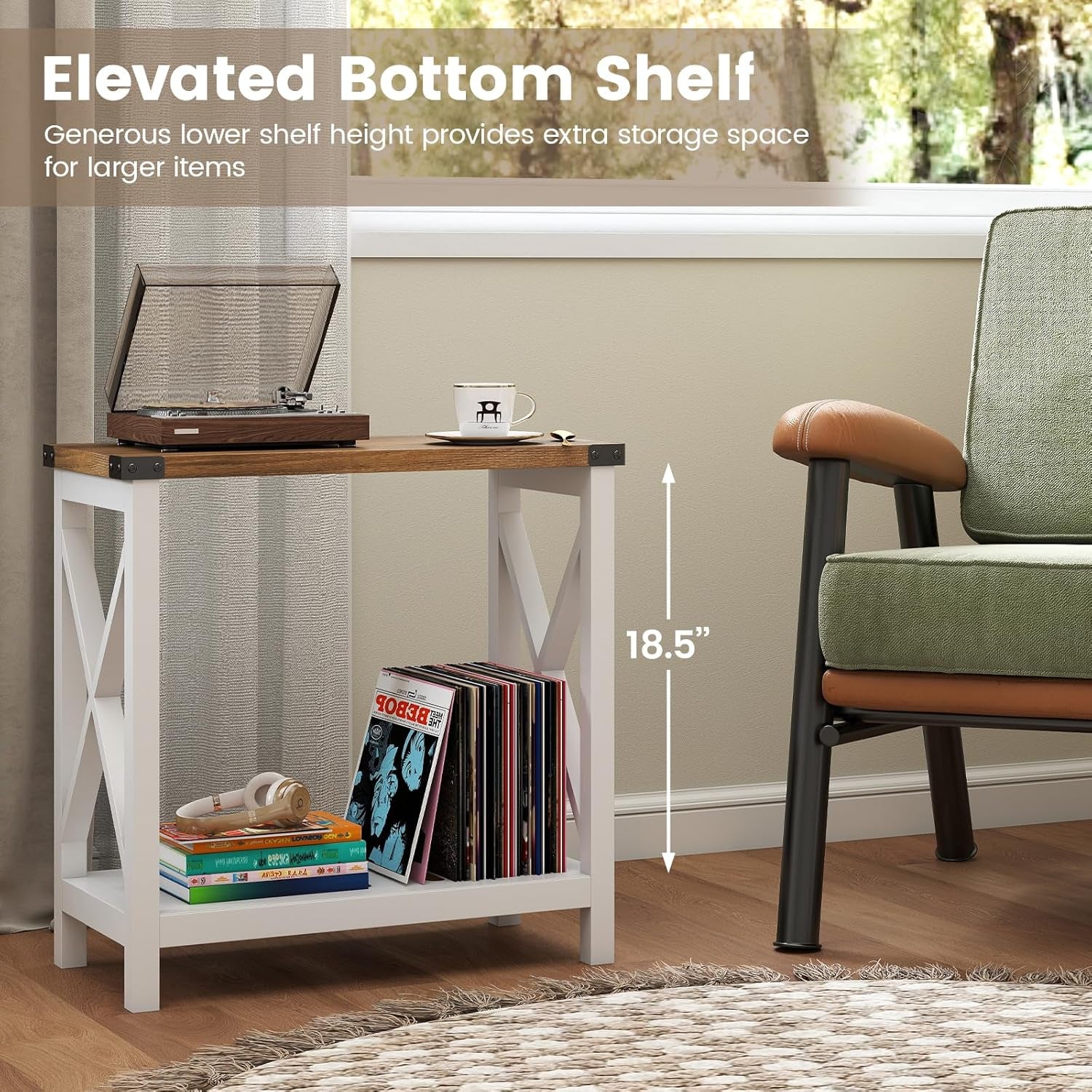 Farmhouse Side Table with Storage Shelf, Narrow Bedside Table for Small Space, Slim End Table, Rustic X-Design Nightstand for Living Room, Bedroom, White & Brown