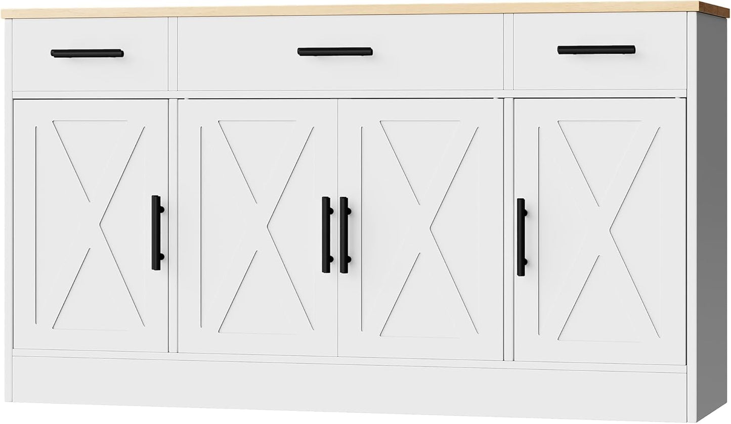 Buffet Cabinet with Storage,53.4" Large Kitchen Storage Cabinet with 3 Drawers and 4 Doors,Wood Farmhouse Buffet Sideboard with Adjustable Shelf for Kitchen Living Room