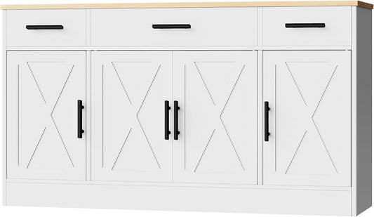 Buffet Cabinet with Storage,53.4" Large Kitchen Storage Cabinet with 3 Drawers and 4 Doors,Wood Farmhouse Buffet Sideboard with Adjustable Shelf for Kitchen Living Room