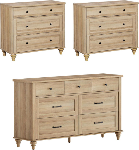 3 Piece Bedroom Set - Includes Farmhouse 7 Drawer Dresser, Set of 2 Bedside Tables with 3 Drawers, 3 Piece Dresser and Nightstand Sets, Oak