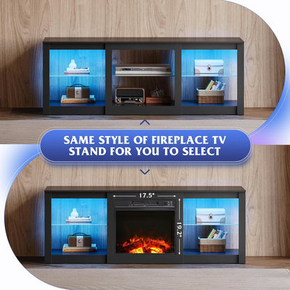 Fireplace TV Stand for up to 65 Inch Tvs, Modern LED Entertainment Center with Electric Fireplace Heater & Adjustable Glass Shelves, Sturdy Media Console for Living Room, Bedroom,Gaming (Black)