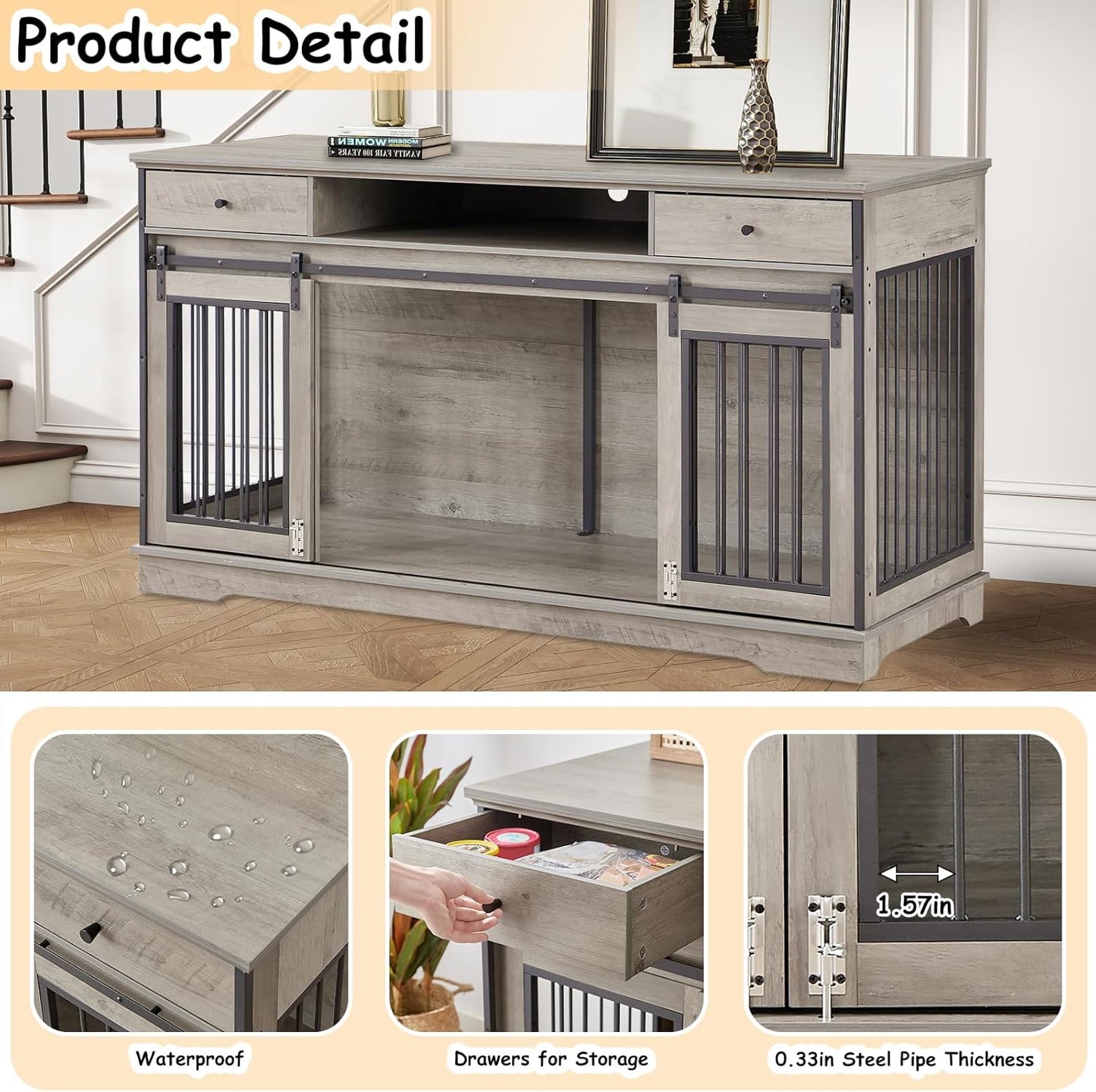 60.6 Inch Double Dog Crate with Divider, 2-In-1 Heavy Duty Dog Crate TV Stand with 2 Sliding Doors and Thick Iron, Indoor Dog House for 2 Dogs (White)