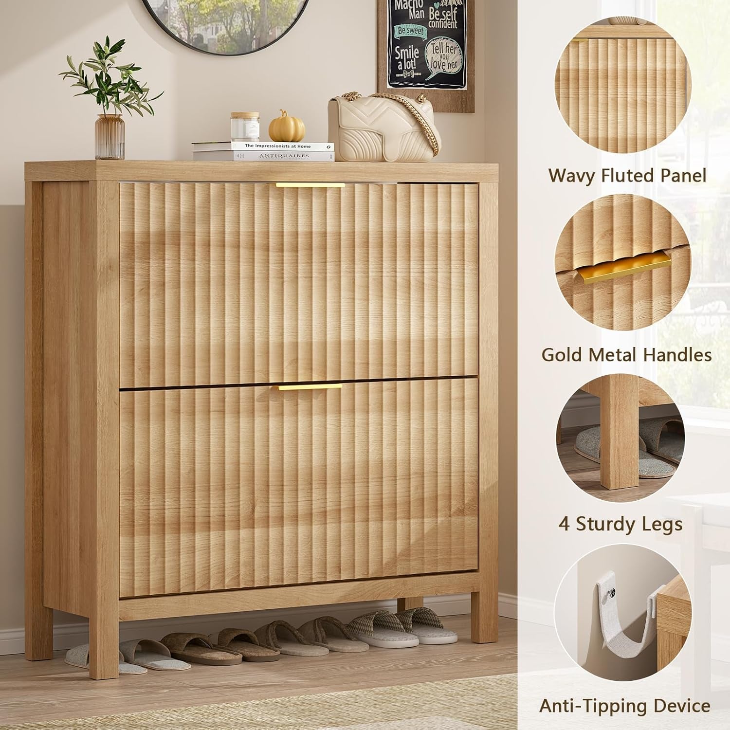 Shoe Cabinet Storage for Entryway, Fluted Shoe Cabinet with 2 Flip Drawers, Hidden Shoe Rack Tall Freestanding Shoe Organizer with Legs for Hallway, Oak