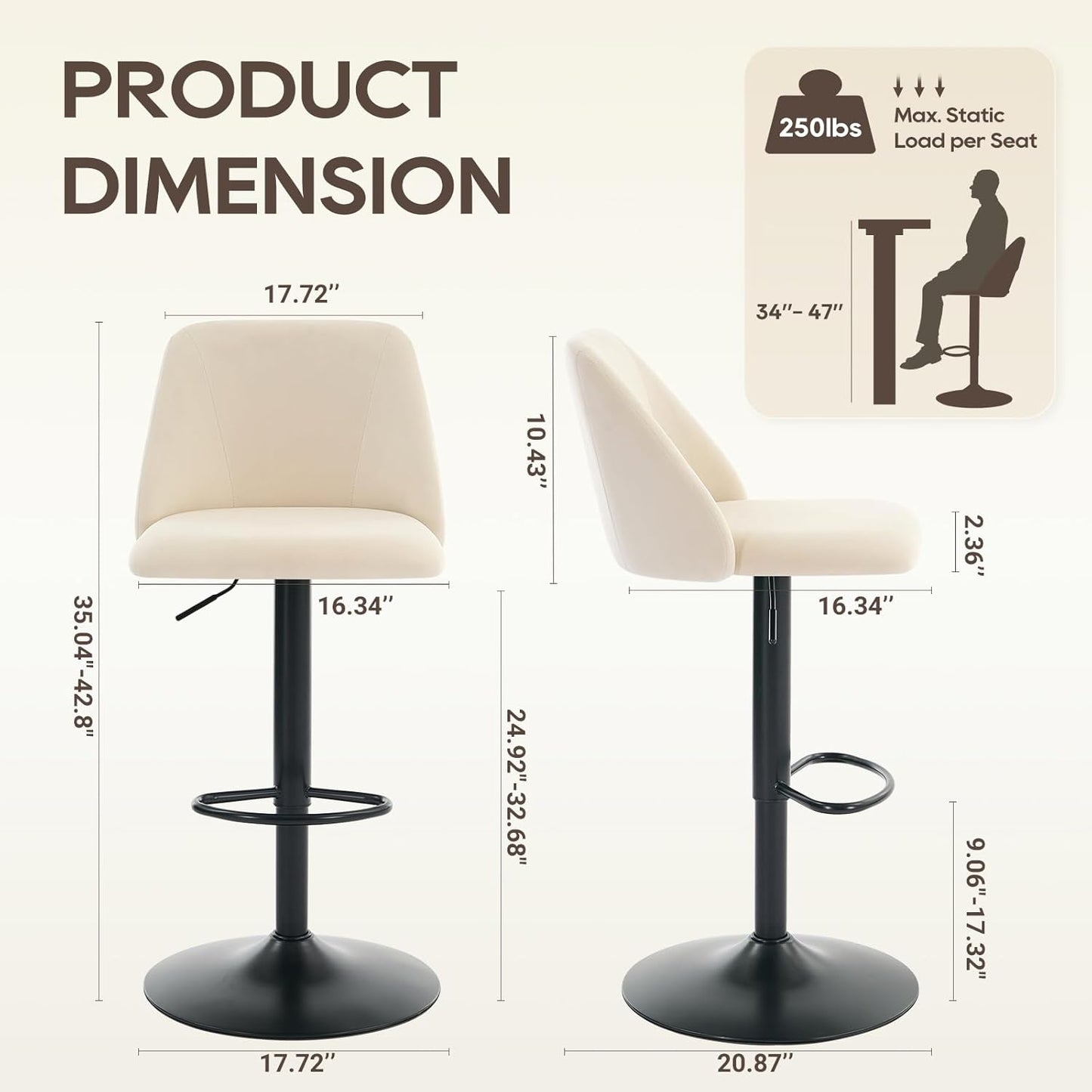 Bar Stools Set of 3, Modern Swivel Bar Chairs, Adjustable Upholstered Barstools Counter Height with Full Backrest for Bar, Dining Room, Kitchen Island, Beige