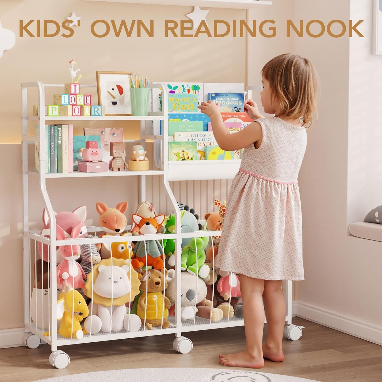 Stuffed Animal Storage Organizer - Rolling Kids Bookshelf and Toy Storage with 3 Tiered Book Display and Toy Chest - Rolling Furniture for Kids Room, Playroom, Bedroom, Nursery, White