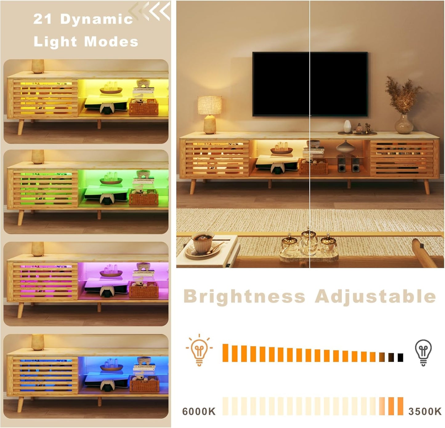 70" TV Stand for 55/65/75 Inch TV, Faux Marble Top Entertainment Center with Slatied Sliding Door & LED Lights, Mid Century Modern Style, Low TV Console with Glass Shelves for Bedroom