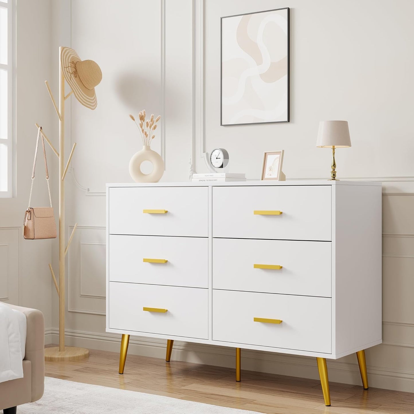 6 Drawer Dresser, Modern Wooden Chest of Drawers with Gold Handles, Deep Drawers for Bedroom, Living Room and Entryway, White
