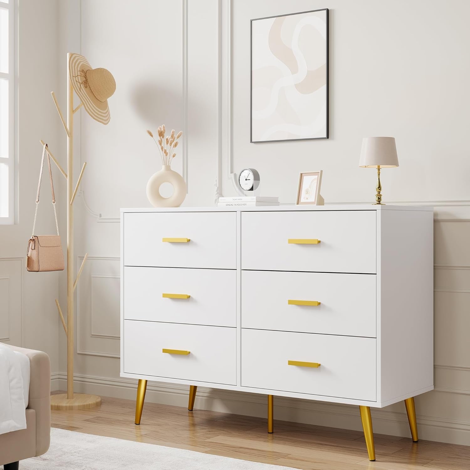 6 Drawer Dresser, Modern Wooden Chest of Drawers with Gold Handles, Deep Drawers for Bedroom, Living Room and Entryway, White