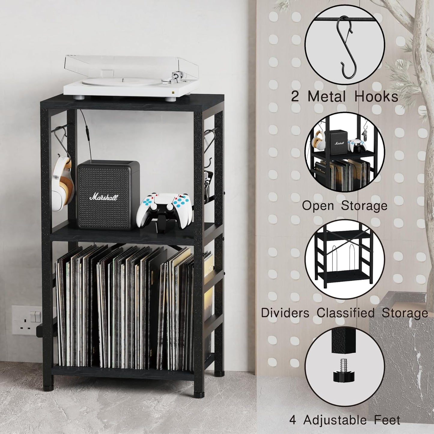 End Table with LED Light,Record Player Stand with Albums Storage,Vinyl Records Storage,Turntable Stand Side Table for Music Room Studio Living Room Bedroom-Modern Black