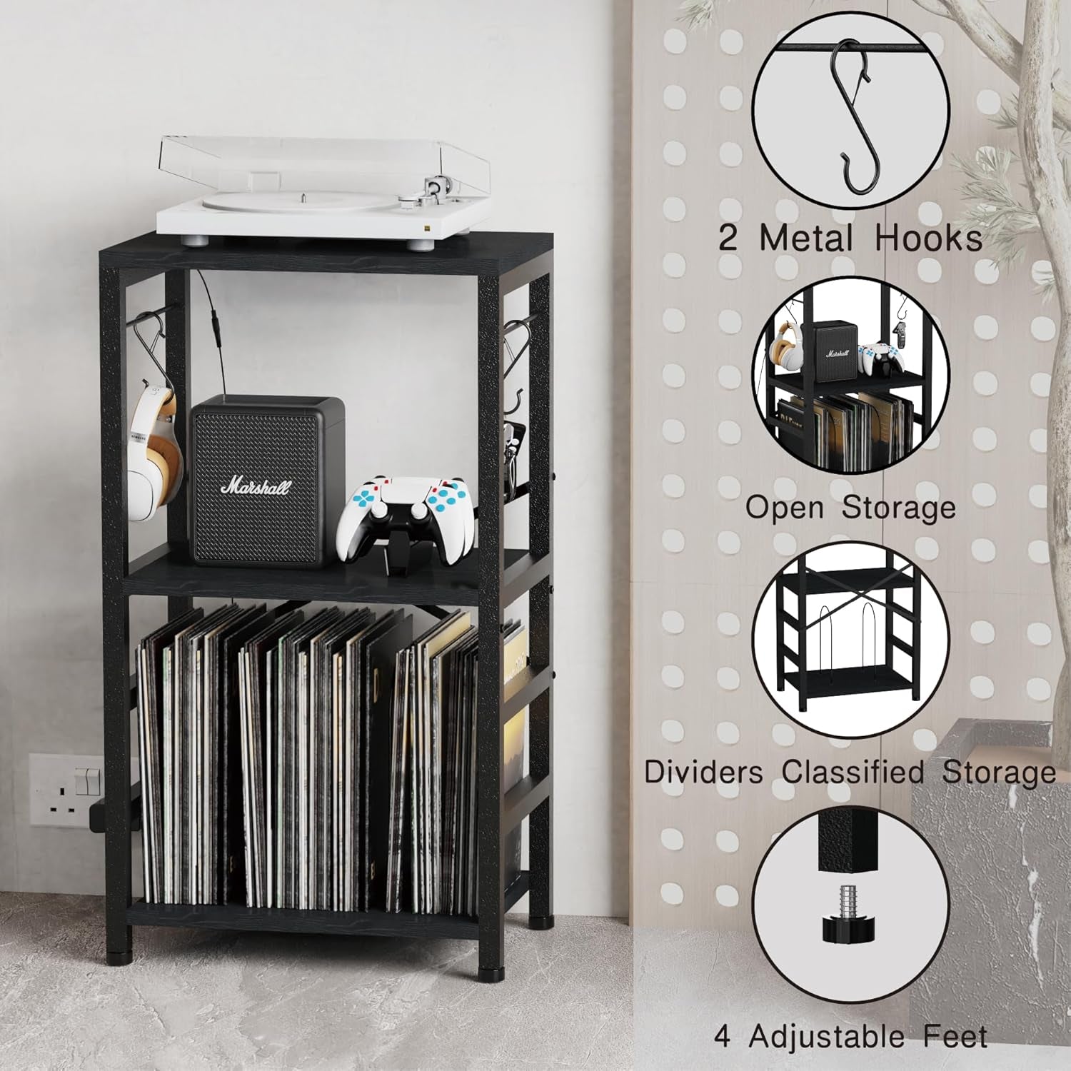 End Table with LED Light,Record Player Stand with Albums Storage,Vinyl Records Storage,Turntable Stand Side Table for Music Room Studio Living Room Bedroom-Modern Black