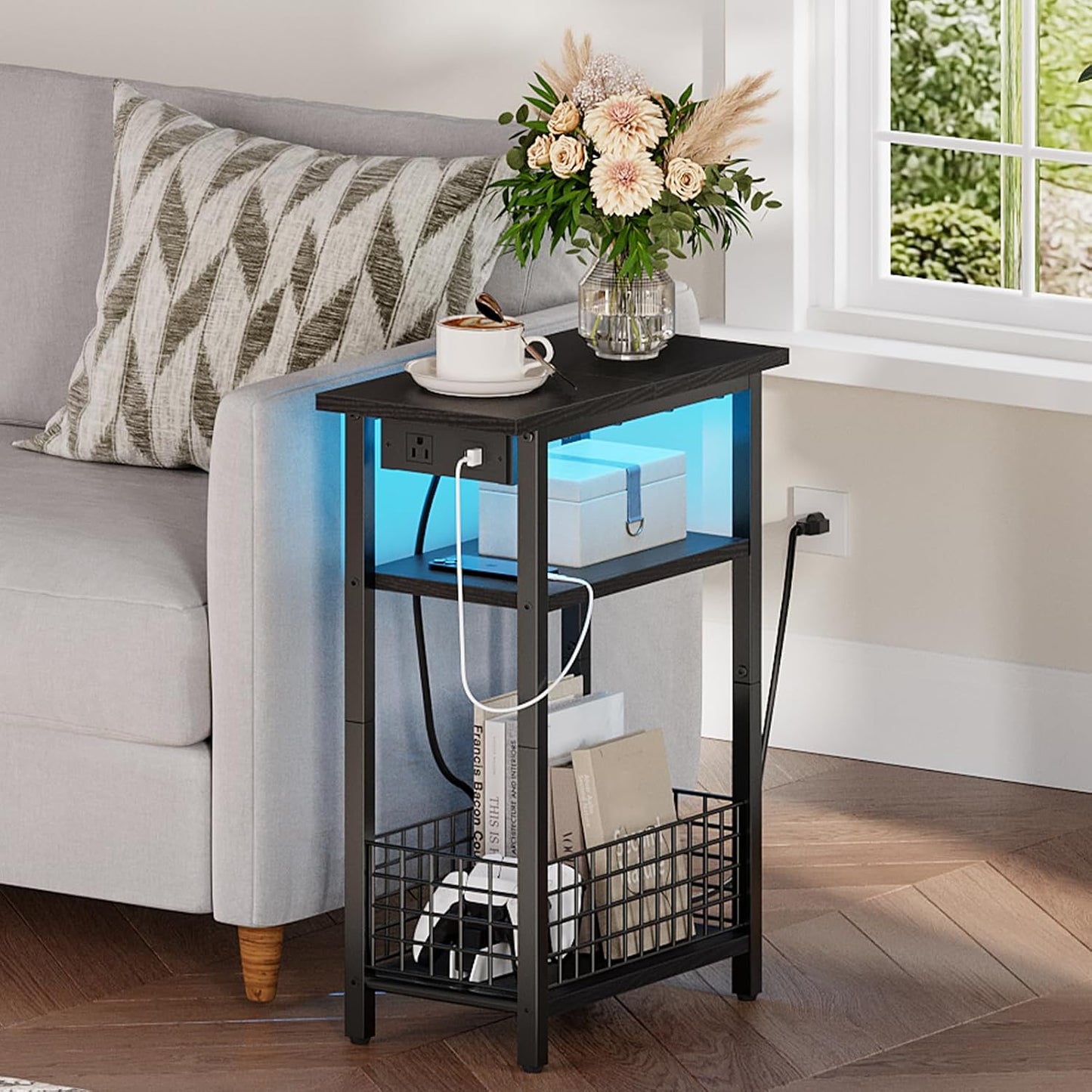 Narrow Side Table with Charging Station and LED Light, Small End Table with Storage, Skinny Nightstand with USB Port, Slim Bedside Table for Small Spaces, Living Room, Black BB242UDBZ01