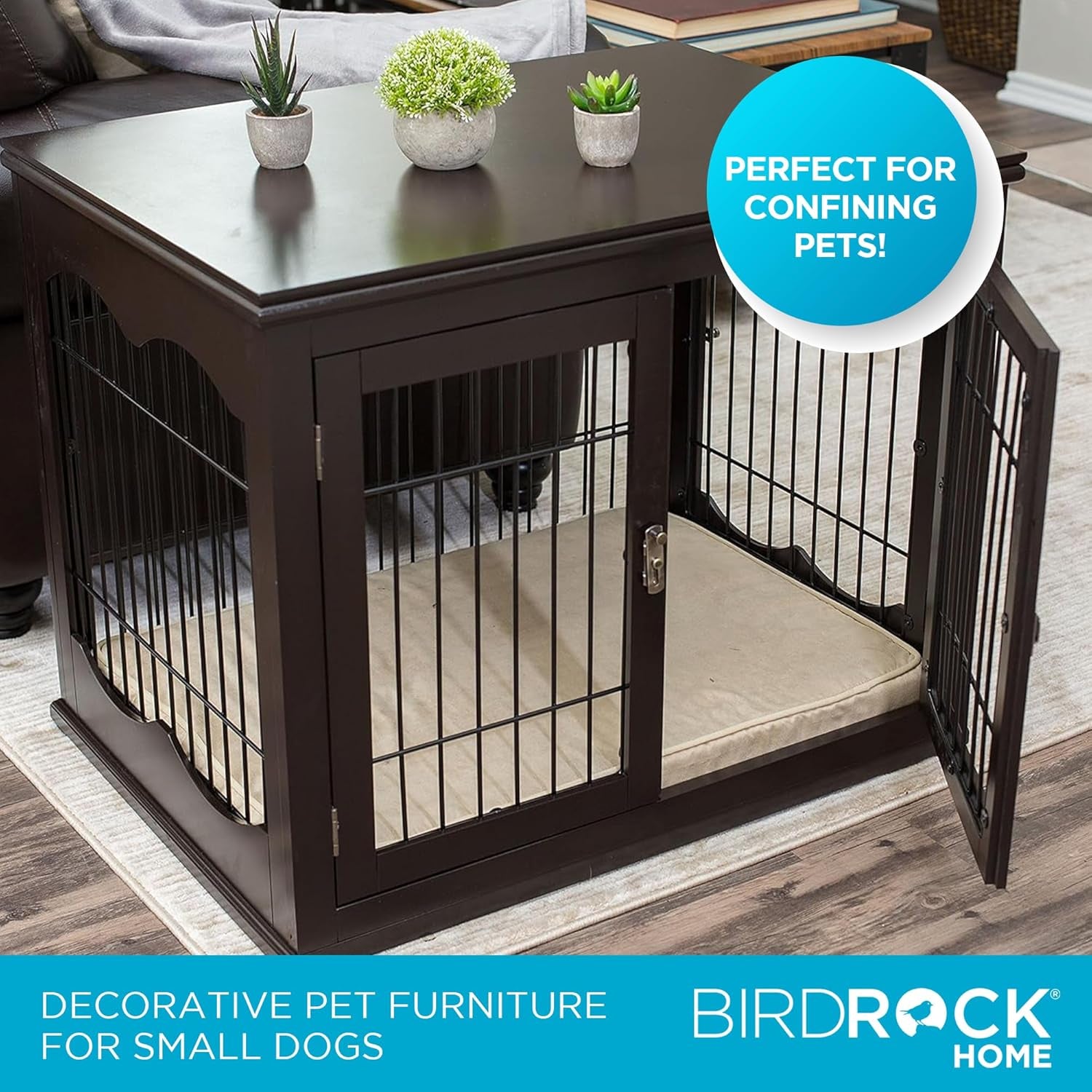 Internet'S Best Decorative Dog Kennel with Pet Bed | Double Door | Wooden Wire Dog House | Large Indoor Pet Crate Side Table | Espresso