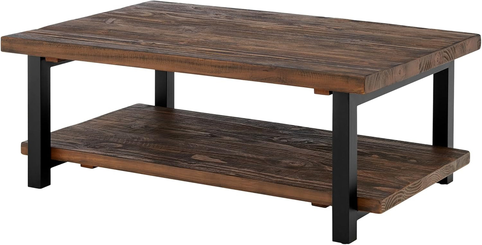 Pomona Rustic Industrial 2-Tier Rectangular Coffee Table – 48” Solid Wood Top with Shelf, Metal Legs, and Reclaimed Finish – Farmhouse Style Living Room Furniture