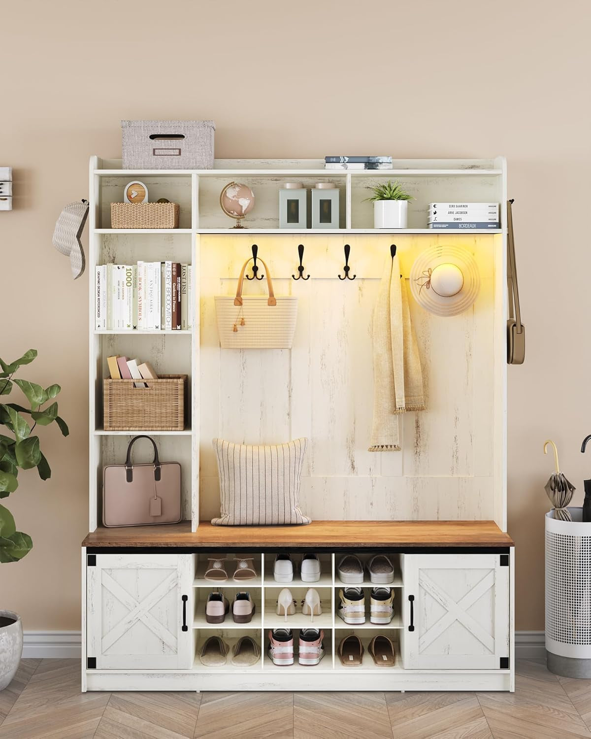 59.8" Hall Tree, LED Farmhouse Entryway Storage and Coat Rack Wood, Entryway Furniture with 7 Hooks, Hall Tree with Bench and Storage, 6 Storages Partitions Shoe Bench, Rustic White HT24814B