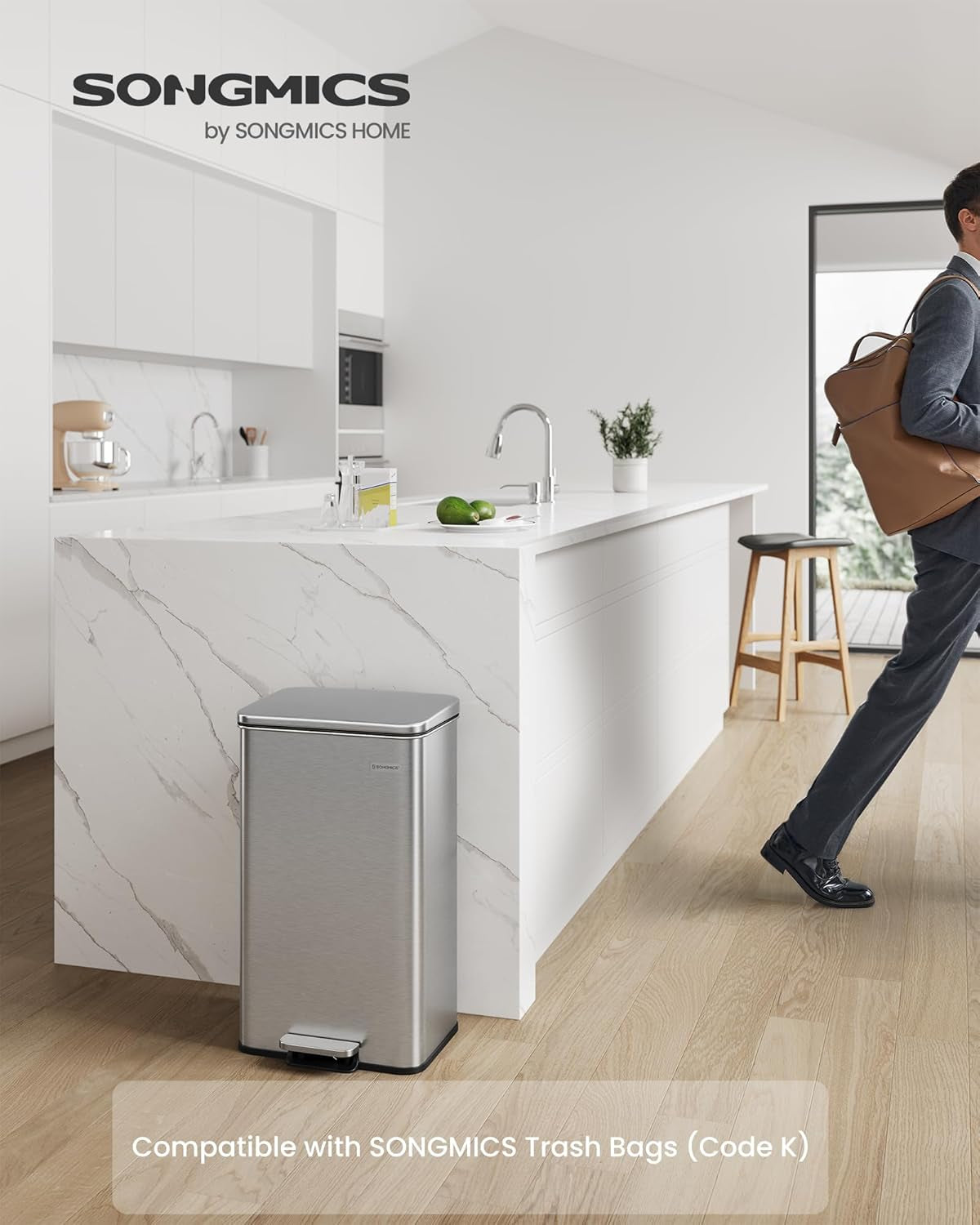 Kitchen Trash Can, 10.5 Gallon (40 L) Garbage Can, Large Step Trash Bin with Lid, Stainless Steel, Soft Close, 15 Trash Bags Included, Silver ULTB540E40