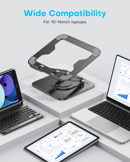 Adjustable Laptop Stand, Computer Stand with 360 Rotating Base, Ergonomic Laptop Riser Mount for Desk Foldable Protable Computer Desk Fits with Macbook Pro Air (10-16") - Black