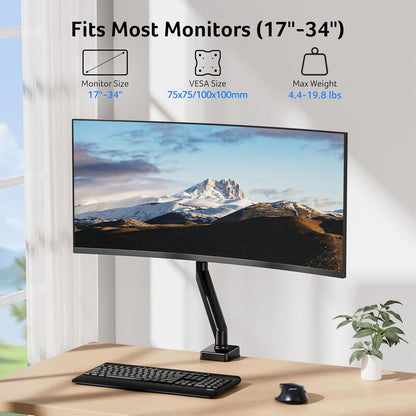Single Monitor Mount, Fully Adjustable Monitor Arm Fits 17 to 34 Inch Screens, Gas Spring VESA Mount with C-Clamp & Grommet Base, Computer Desk Arm with Tilt Swivel Rotate Supports 4.4-19.8 Lbs