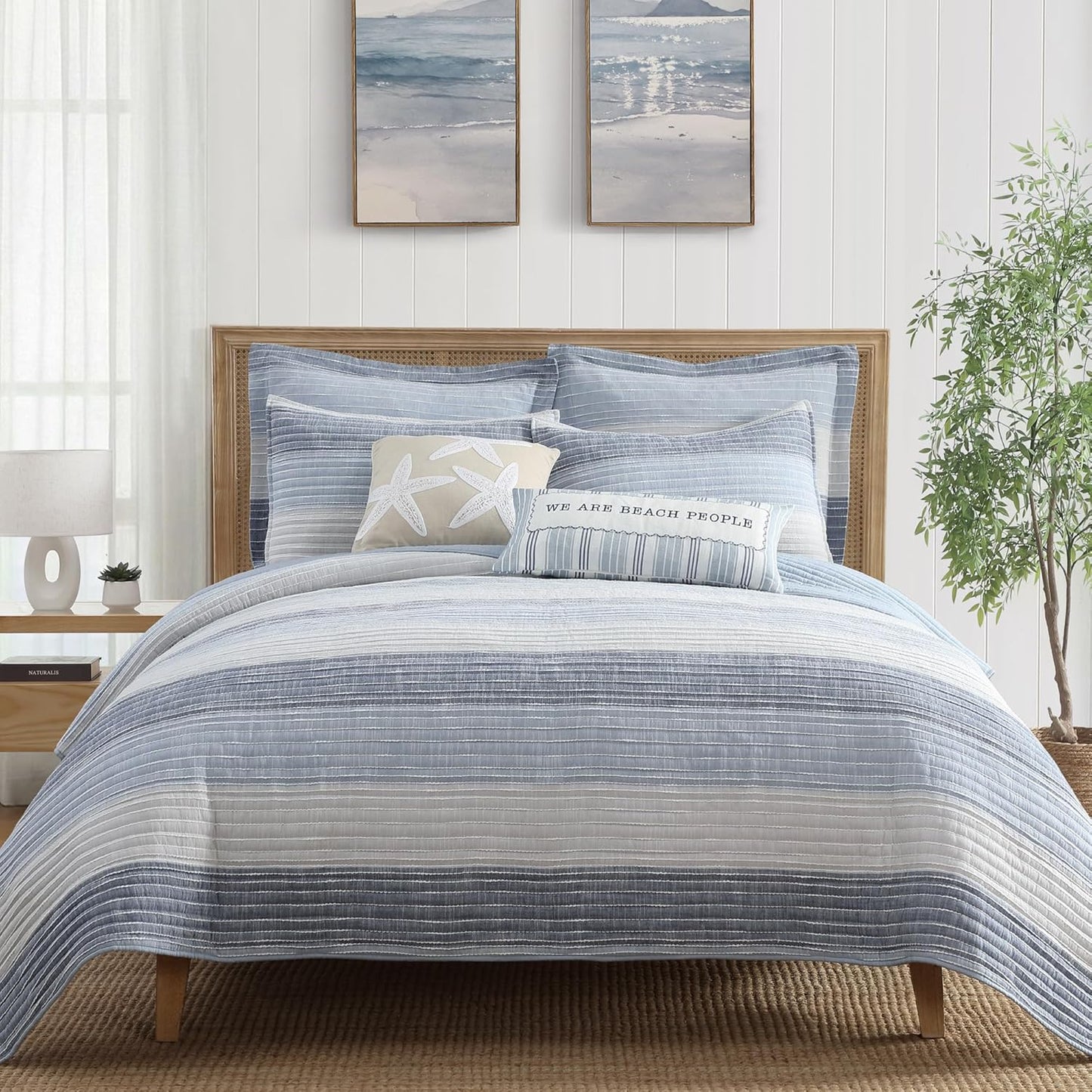 – Sand Stripes Blue King Pillow Sham Set of 2 – 20X36In – Textured Stripe – Blue and White – Cotton – Tie Closure
