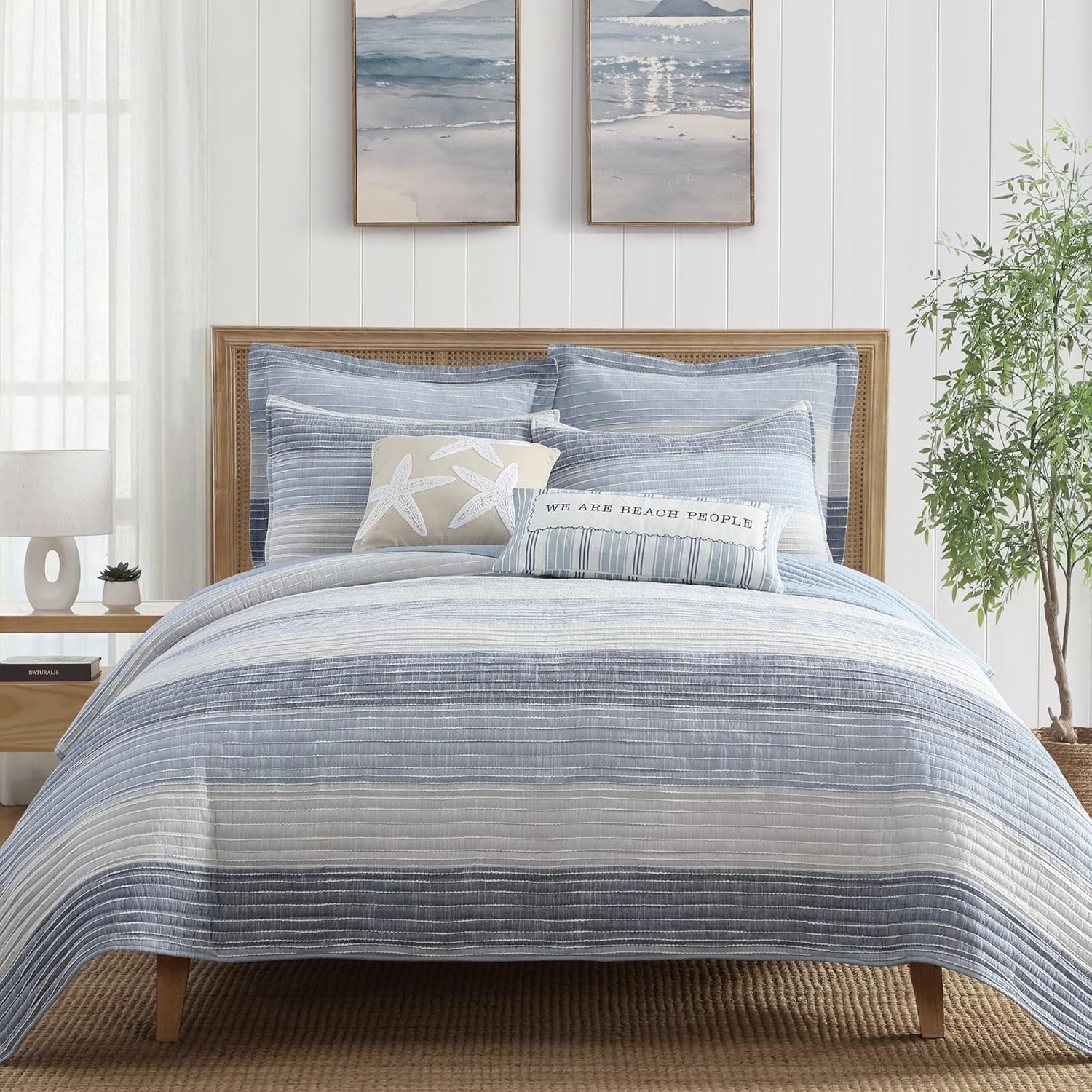 – Sand Stripes Blue King Pillow Sham Set of 2 – 20X36In – Textured Stripe – Blue and White – Cotton – Tie Closure