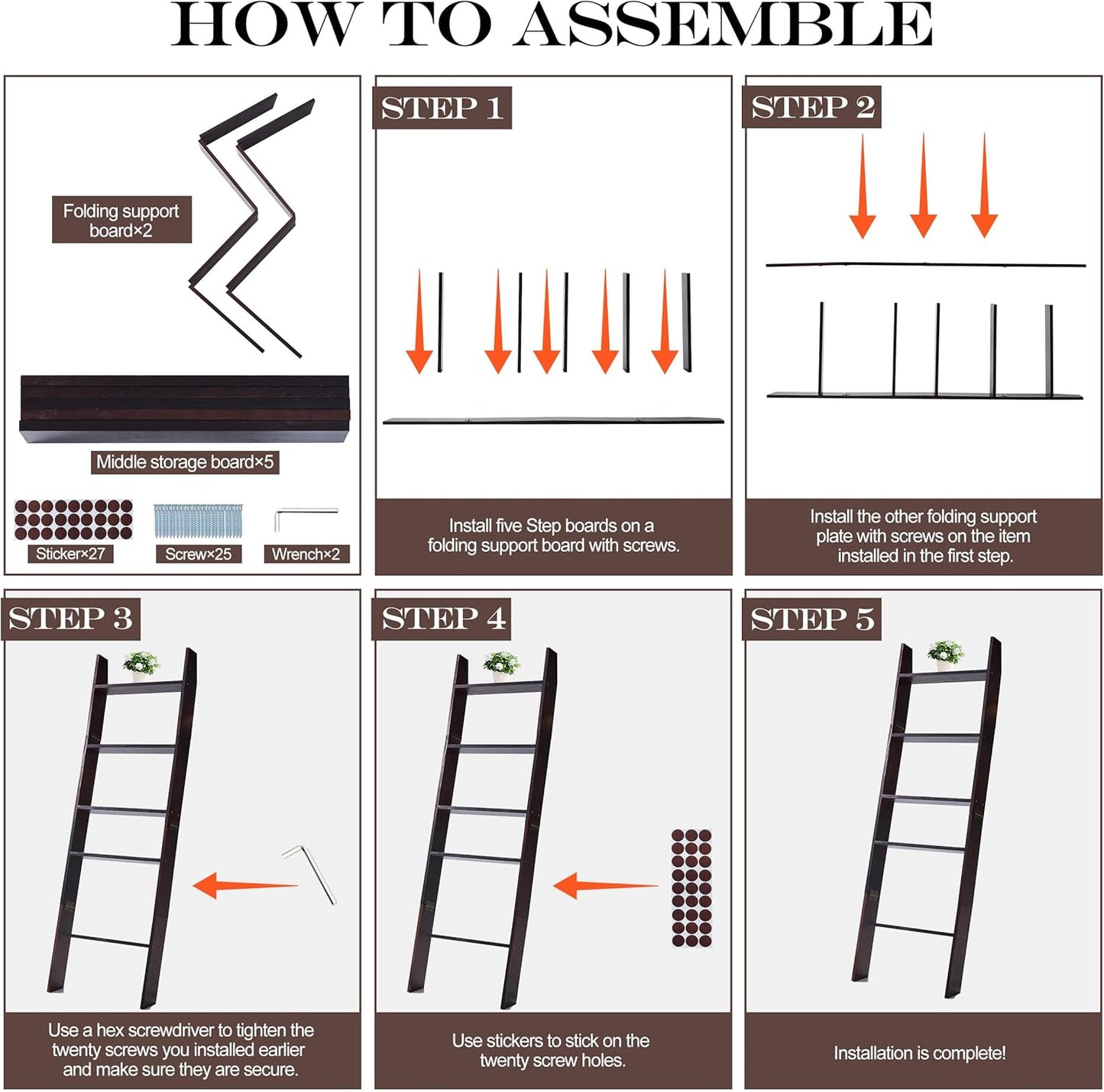 5-Tier Blanket Ladder for the Living Room, 4.8 FT Anti-Slip Decorative Ladder Shelf Leaning Quilt Rack, Lightweight, Easy Assemble, Wooden Blanket Rack (Brown)