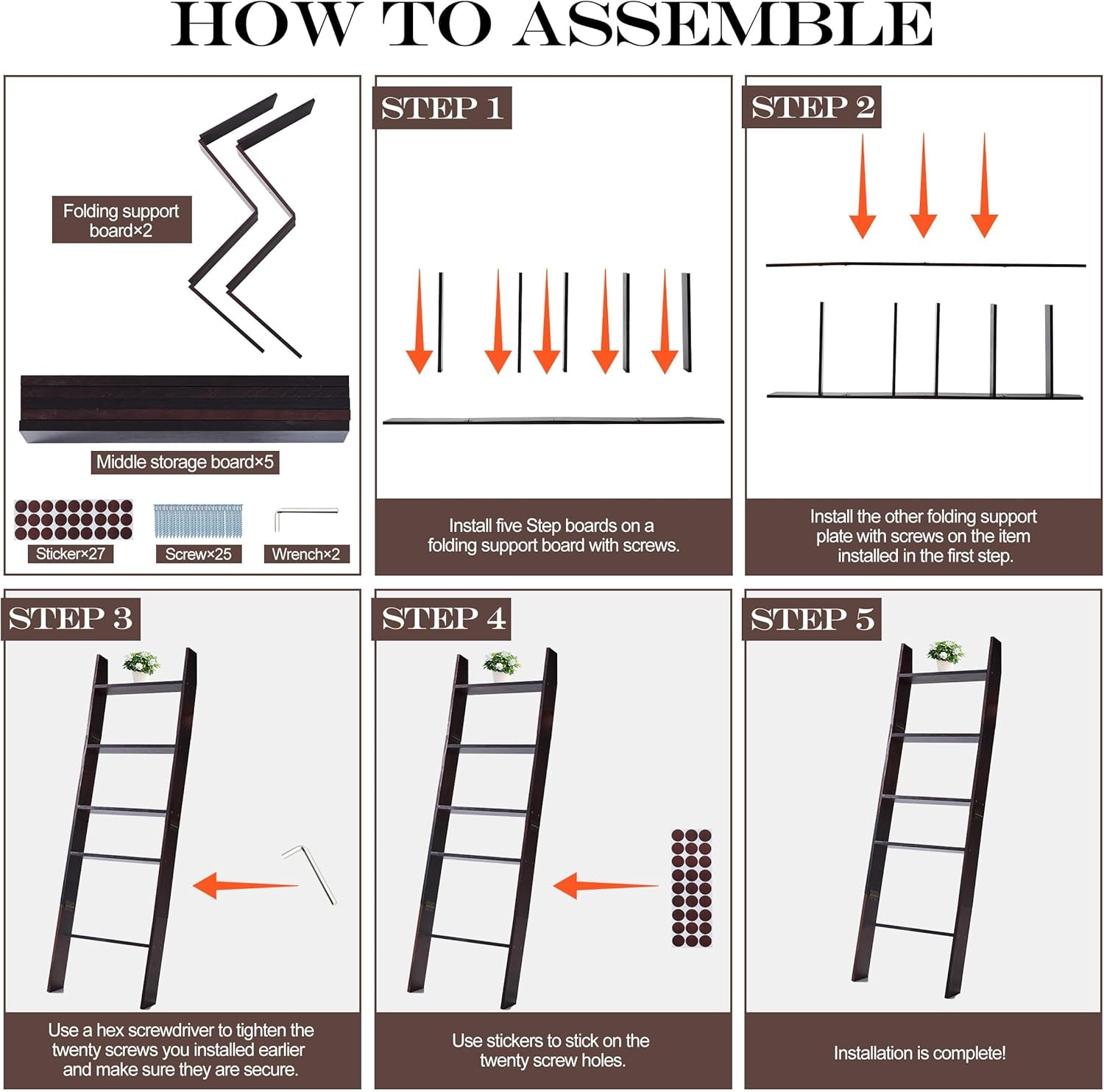 5-Tier Blanket Ladder for the Living Room, 4.8 FT Anti-Slip Decorative Ladder Shelf Leaning Quilt Rack, Lightweight, Easy Assemble, Wooden Blanket Rack (Brown)