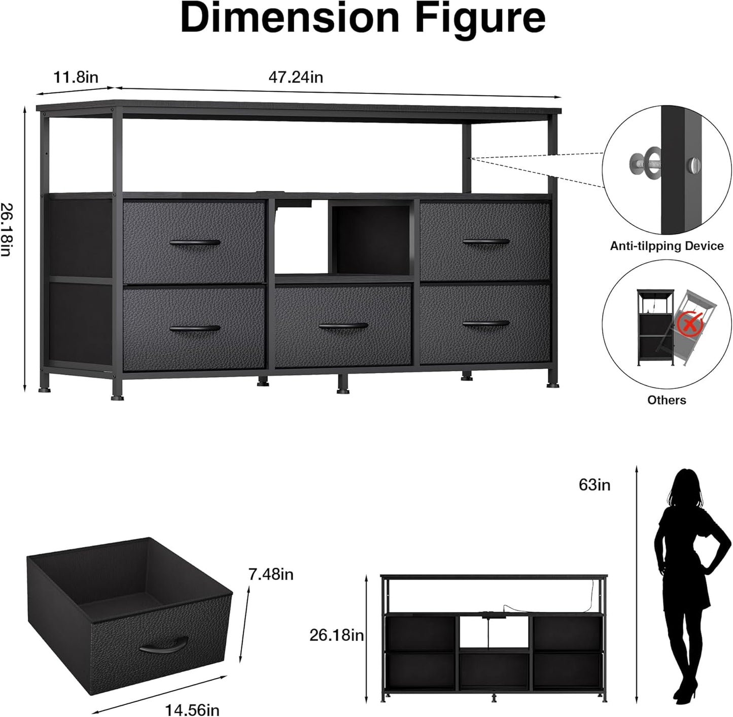 TV Stand for Bedroom, 47 Inch Dresser TV Stand for 43, 50, 55 Inch Tvs, 5 Drawers Entertainment Center with Storage, LED Lights & Power Outlets, Media TV Console Table for Living Room, Black