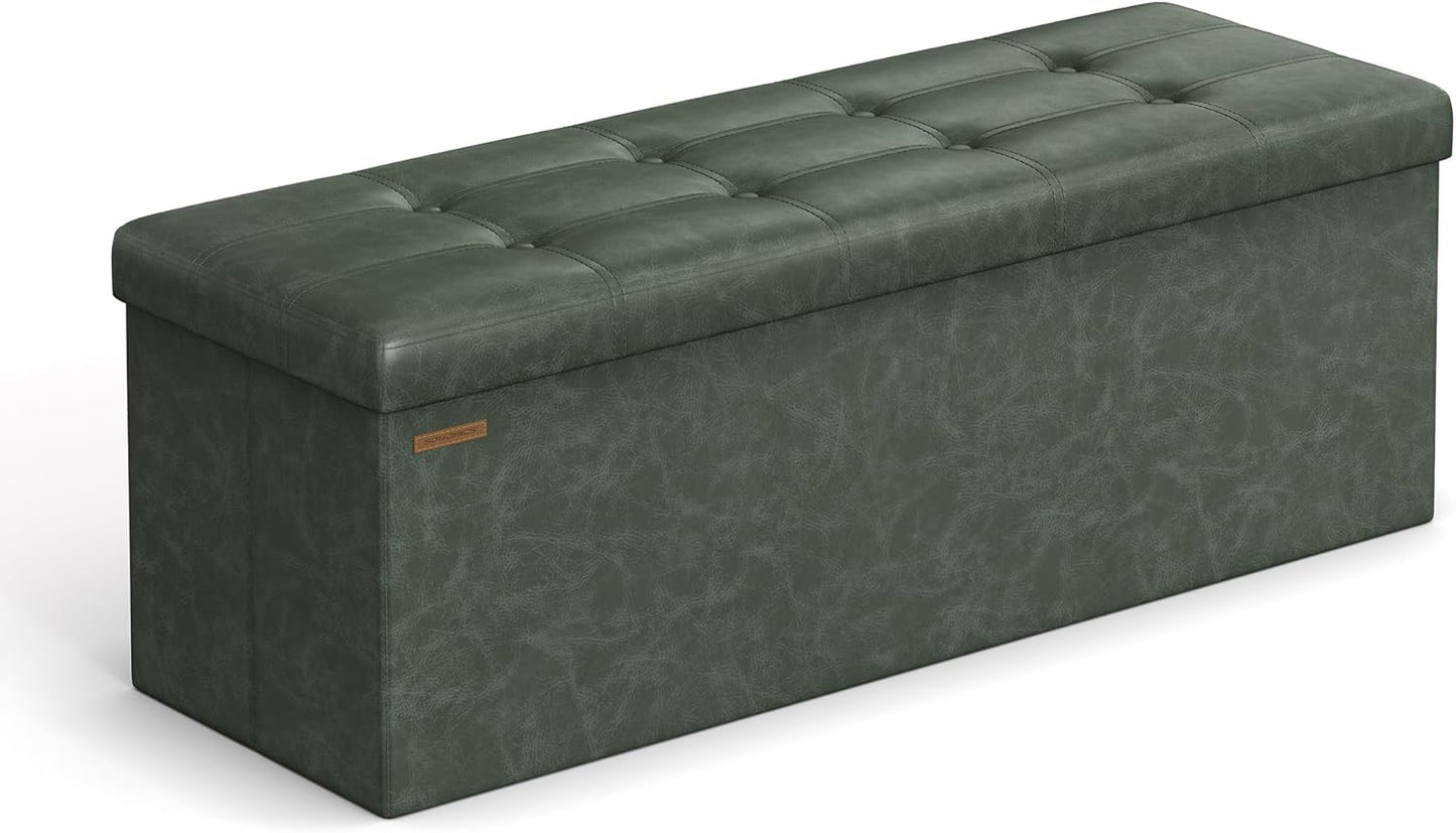 MAZIE Collection - 43 Inches Folding Storage Ottoman Bench, Ottoman with Storage, Foot Rest Stool, Load 660 Lb, for Living Room, Synthetic Leather, Black ULSF701
