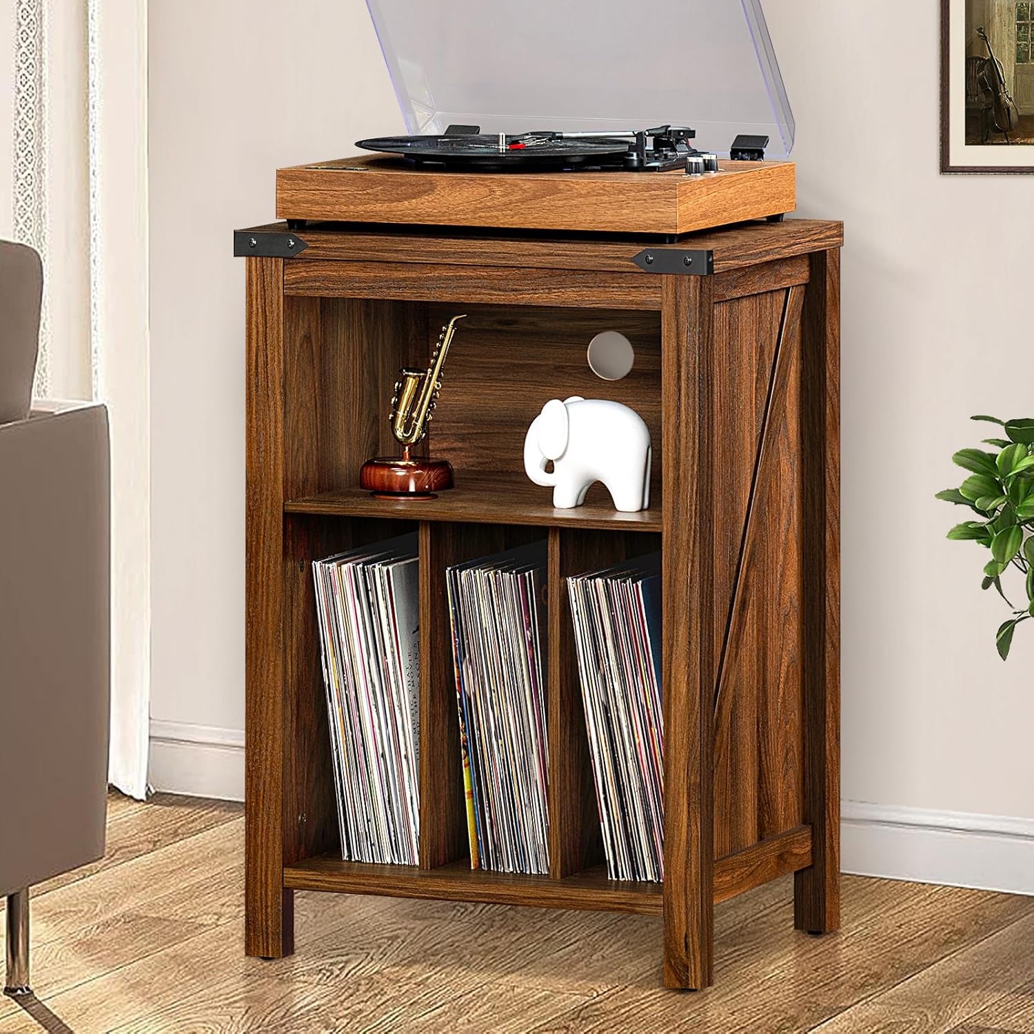 Record Player Stand with Vinyl Record Storage,Rustic Brown Record Player Table Holds up to 160 Albums,Large Wood Turntable Stand Cabinet Dispaly Shelf for Living Room,Bedroom,Office