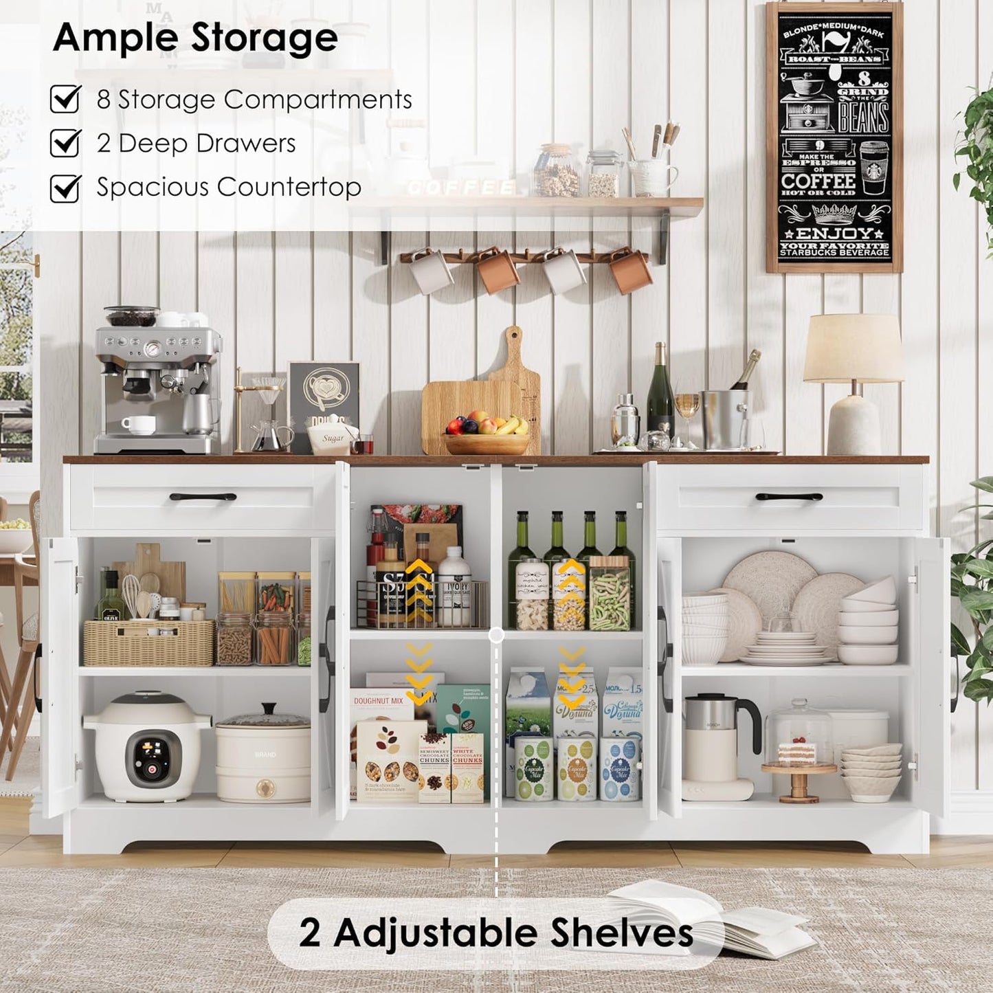 71” Large Sideboard Buffet Cabinet with Storage, Farmhouse Kitchen Buffet Cabinet with Adjustable Shelves and 6 Barn Doors, Wood Coffee Wine Bar Console Table for Kitchen, Dining Room, White