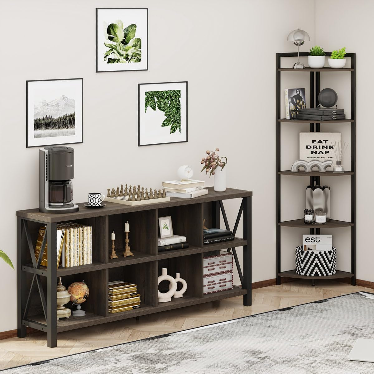8 Cube Storage Organizer, 62 Inch Heavy Duty Horizontal Bookshelf, Industrial Long Bookcase and TV Stand for 65 Inch TV, Rustic Wood Accent Shelf for Living Room (Walnut Brown)