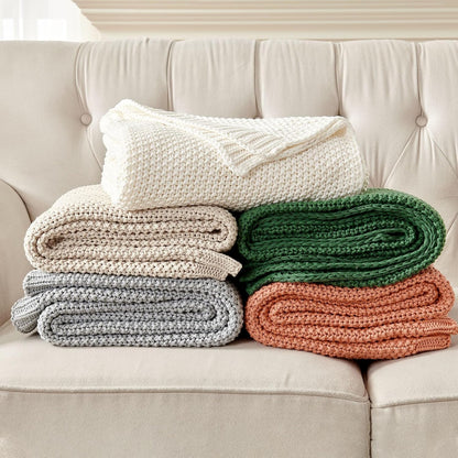 Chunky Cable Knit Throw Blanket, Lightweight 100% Organic Cotton Soft Cozy Throw Twin Blanket for Couch Bed and Sofa, Rustic Breathable Farmhouse Blanket Gift for Women Men(Beige, 51"X63")
