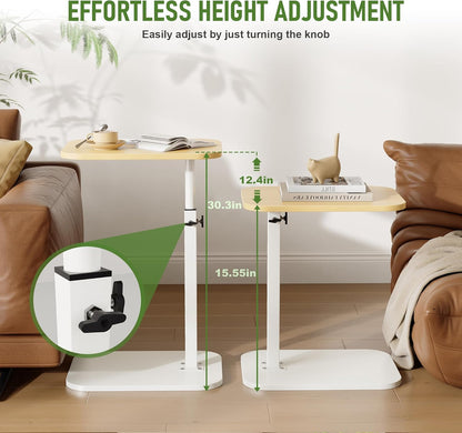 C Shaped End Table for Couch, Adjustable Height Couch Side Table, Horizontal 360°Swivel Small TV Tray Table Couch Side Tables That Slide under (Wood)