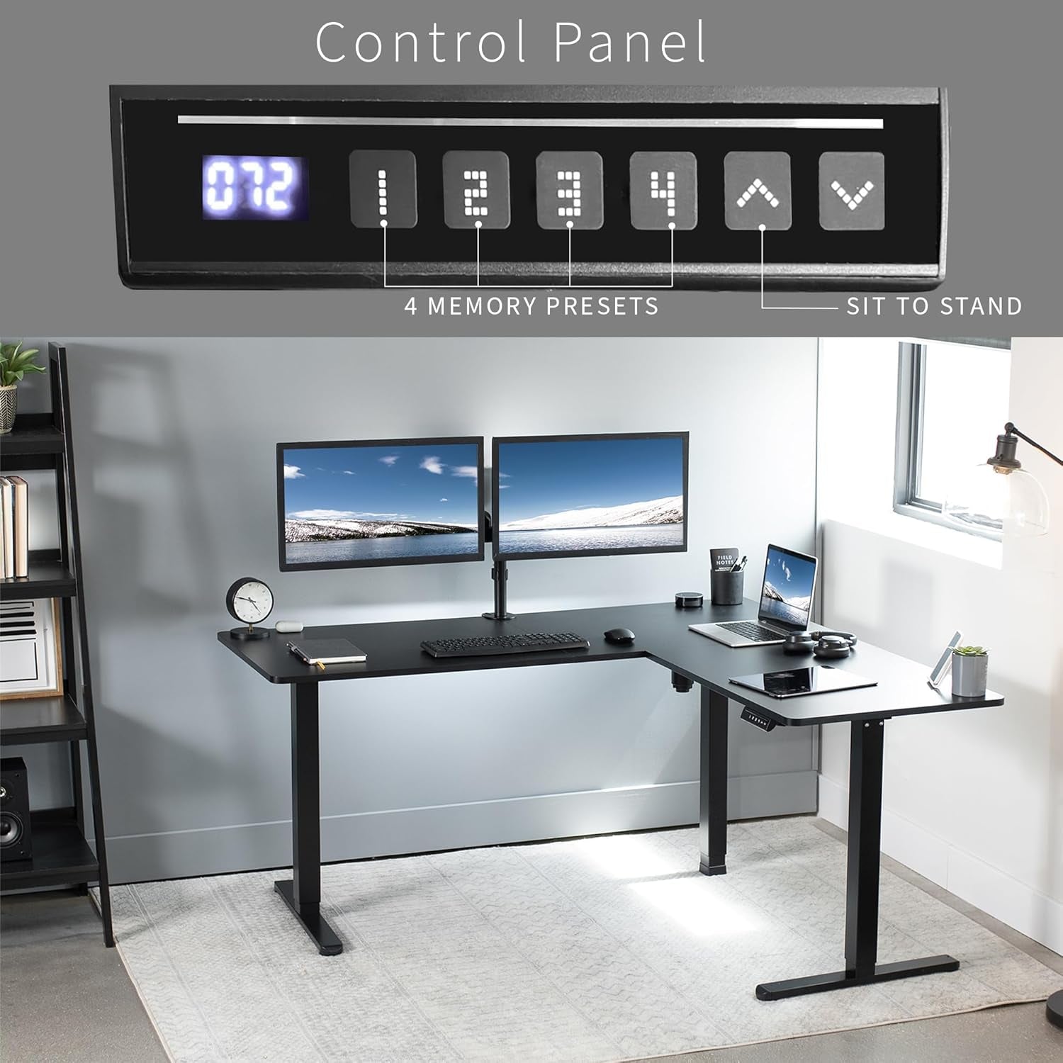 Corner Standing Desk, 63 X 55 Inch Reversible L-Shaped Workstation, Electric Height Adjustment, Home, Office, and Reception Rooms, Black Table Top Black Frame, DESK-E3CTB
