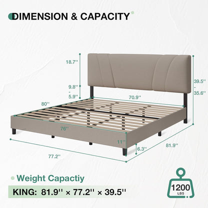 King Size Bed Frame with Adjustable Headboard Platform King Bed Frame Linen Fabric Upholstered Headboard, No Box Spring Needed, Noise-Free, Wooden Slats Support, Easy Assembly, Beige