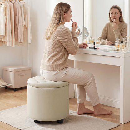 Modern round Storage Ottoman,Button Tufted Ottoman Foot Stools Ottoman Footstool with Removable Lid Storage Ottoman for Living Room, Bedroom, Makeup Room，Beige