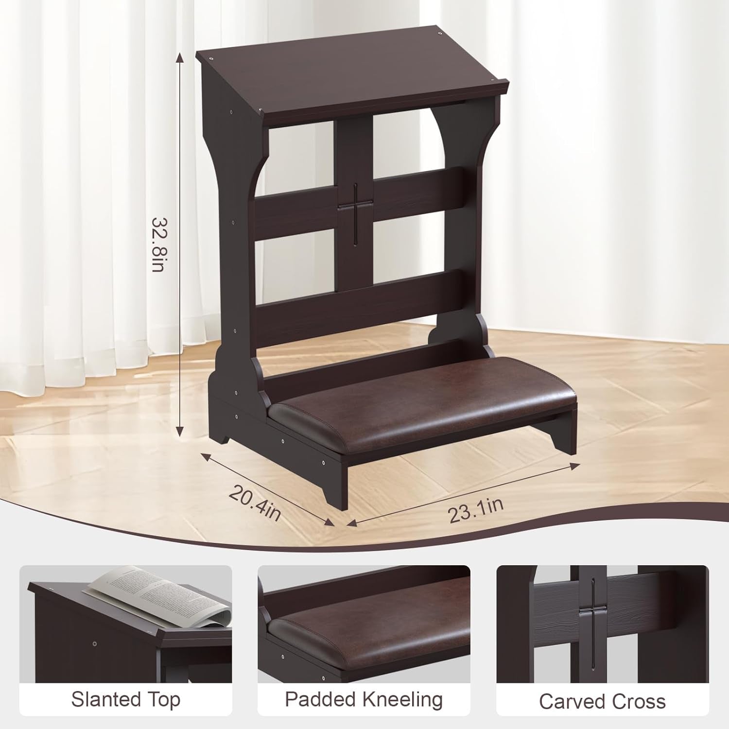 Prayer Bench Kneeler, Wooden Prayer Kneeler for Home, Prayer Bench for Kneeling at Home, Padded Kneeler Shelf for Kneeling at Home, Church Prayer Bench Stool Table with Cushion
