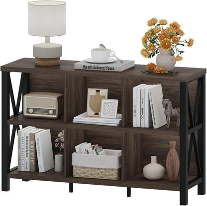 6 Cube Storage Organizer with Shelf, Short Horizontal Bookshelf for Living Room, Wood and Metal Cubby Bookcase, 47 Inch Industrial Low Book Shelf and Book Case (Dark Walnut)
