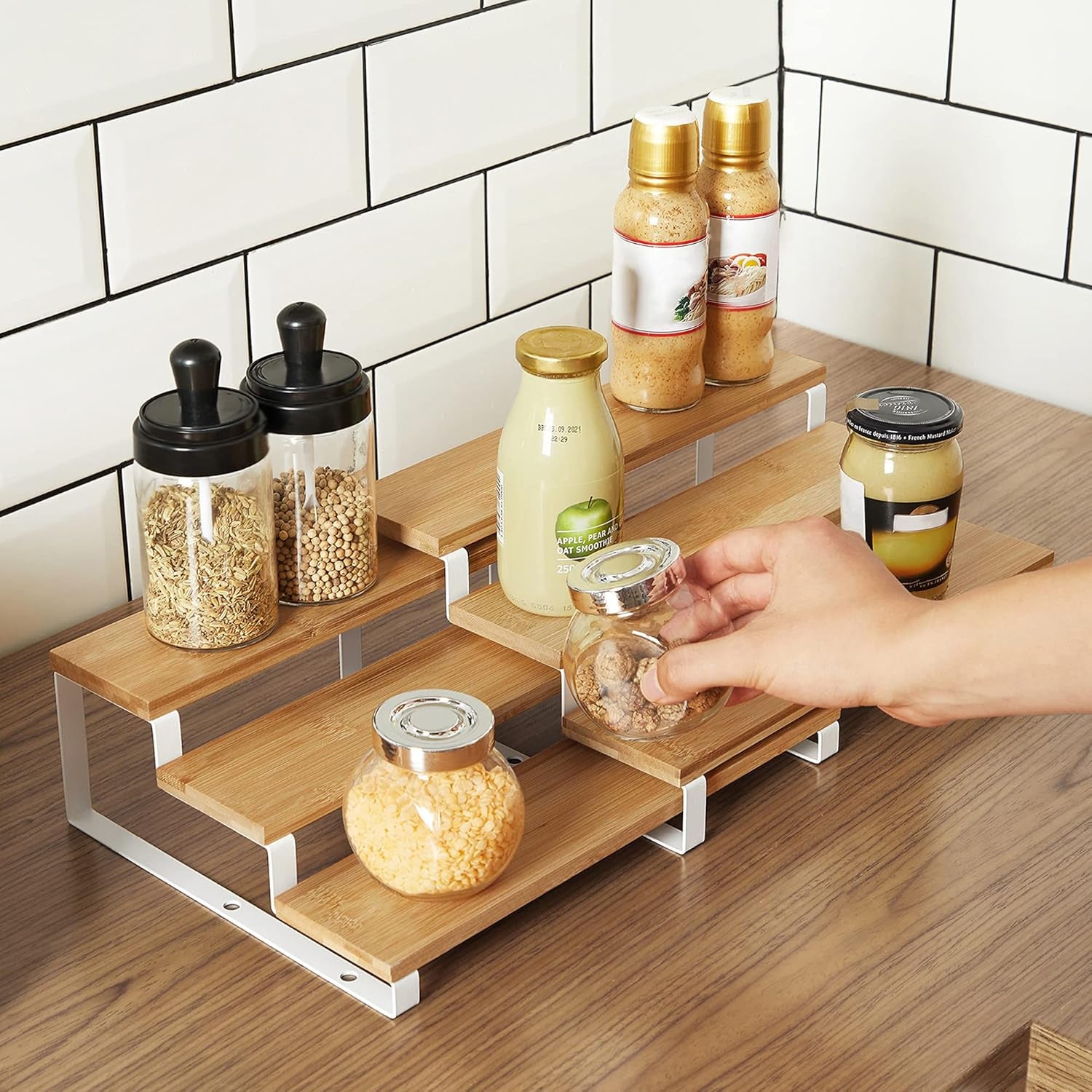 6-Piece Spice Racks Bundle, 4-Pack Spice Shelves, 2-Pack 3-Tier Spice Organizers, for Kitchen Cabinet Pantry Countertop, Bamboo with Metal Frame, Natural and White UKCS010N01 and UKCS016N02