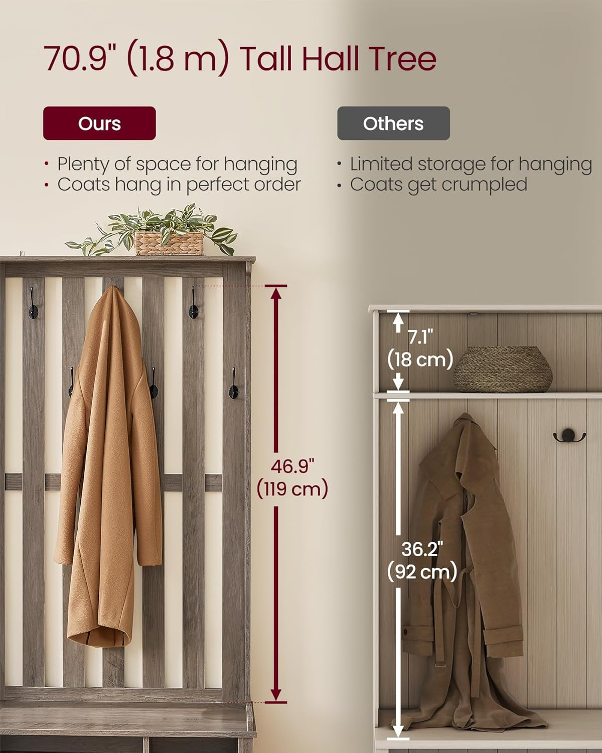 Hall Tree with Bench and Shoe Storage, Coat Rack with Shoe Bench, 7 Double Hooks for Jackets, Hats, Entryway, Bedroom, Living Room, 13.8 X 31.9 X 70.9 Inches, Rustic White UHSR414W01