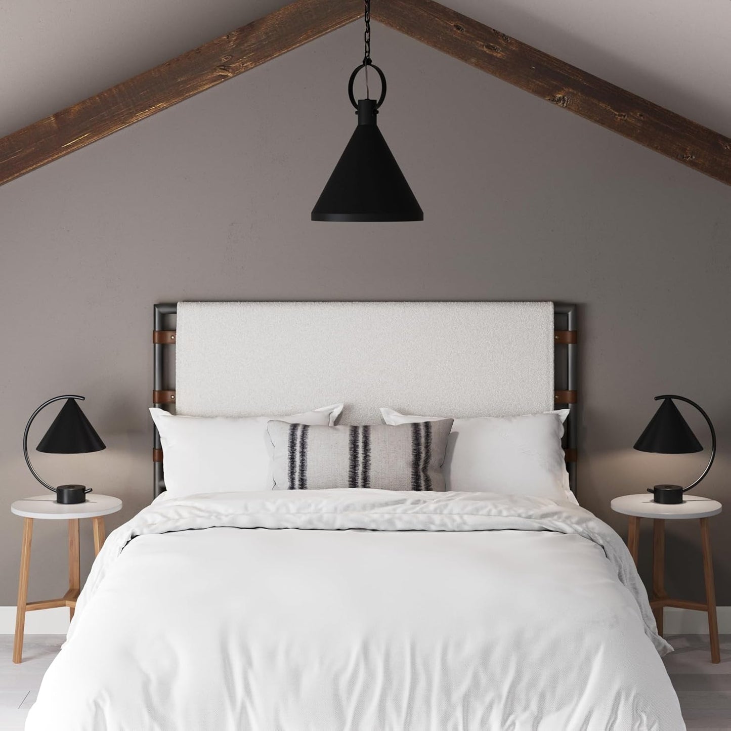 Aspen Queen Bed Headboard, Boucle Upholstered Headboard with Leather Straps and Black Matte Metal Frame, White/Black