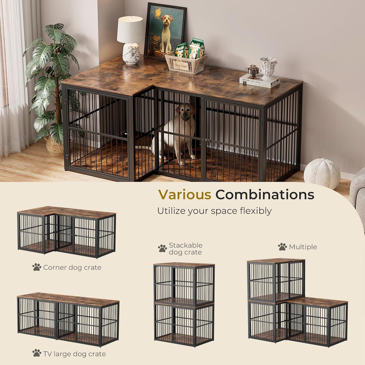 86'' Dog Crate Furniture Large Breed TV Stand for 2 Large Dogs, Double Wooden Crate Pet Cage with Removable Divider, Indoor Heavy Duty Kennel Corner End Table, Can Use Separately, Brown